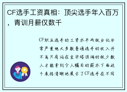 CF选手工资真相：顶尖选手年入百万，青训月薪仅数千